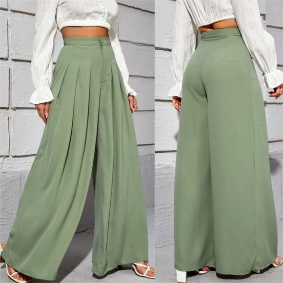 High Waist Fold Pleated Wide Leg Pants GREEN - Picture 1 of 6